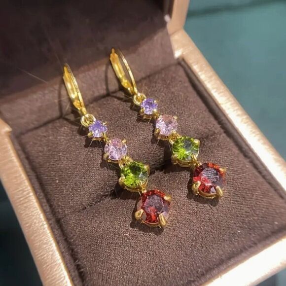 ✨Elegant Gold Plated Colored Simulated Gemstones Drop Earrings ✨ - Picture 1 of 15